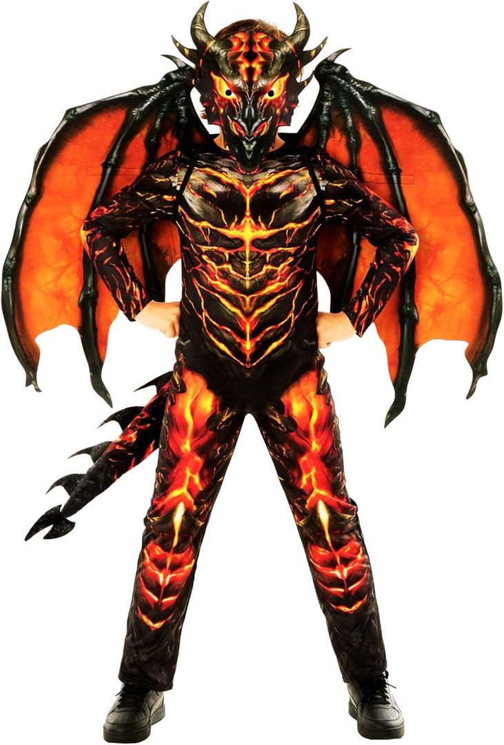 Morph Lava Dragon Costume Kids with Wings Boys Red Fire Lizard Halloween Costumes For Boys (Large)