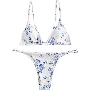 ZAFUL Women's Ditsy Floral Printed Swimsuit Underwired Knotted String Triangle Bikini High Cut Cheeky Bikini Set (S)