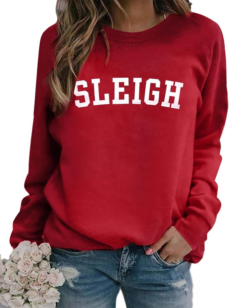 MNLYBABY Sleigh Christmas Sweatshirt Women Merry Christmas Holiday Crewneck Long Sleeve Shirts Funny Xmas Pullover Top (Large, Red)