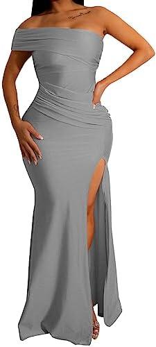 Women's Sexy Off Shoulder Bodycon Maxi Dresses Elegant High Split Club Party Long Dress, Size L