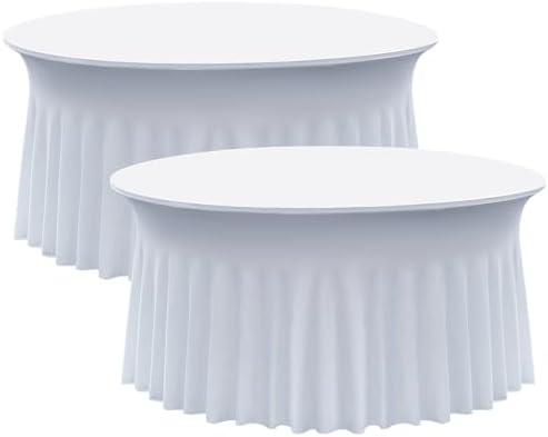 Nobed HHT 2 pk White Round Spandex Tablecloth for 60in Tables, Wrinkle Free Stretchy 120inch Fitted 5FT Table Cloths Round Table Covers with Skirt for Wedding Party Dining Banquet Events