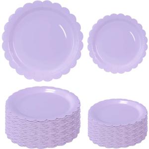 50 Pcs Light Purple Scalloped Paper Plates 25  7'' and 25  9'' Disposable Lavender Scalloped Dinner Plates for Wedding Baby Shower Birthday Party Disposable Dessert Plate