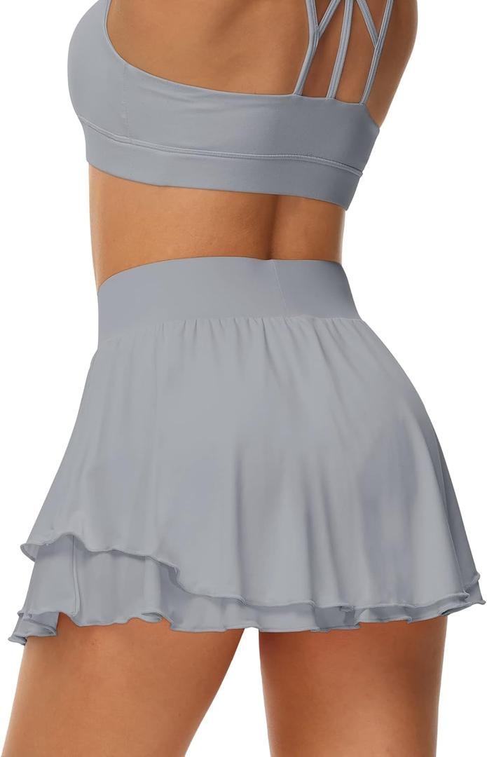UrKeuf Women's Athletic Tennis Skirts with Pockets 13in Ruffle Golf Running Workout Ice Silk Flowy Skorts with Sports Shorts (Gray, S)