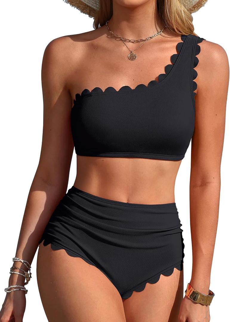 Charmo Womens One Shoulder Bikini Sets High Waisted Tummy Control Bathing Suits Ribbed Scalloped 2 Piece Swimsuit 2026 Black M