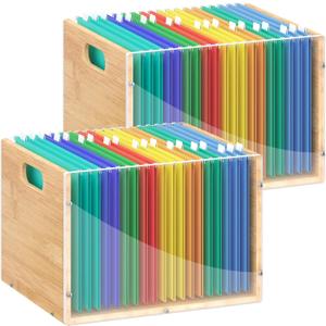 2 Pack Hanging File Organizer, Clear Acrylic File Box Organizer, Bamboo Filing Box File Crate Storage Boxes, Portable Filing Organizer with Handle for Letter Size