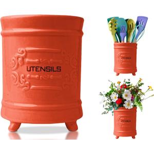 French Coral Ceramic Utensil Holder - Vintage Style Kitchen Utensil Caddy - Antique Design Cooking Utensil Organizer - Rustic French Country Utensil Crock for Cooking Enthuziast