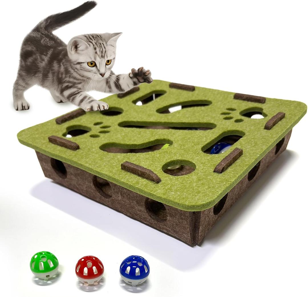 Interactive Soft Felt Cat Puzzle Toy with Ball and Bellcat Nail File Enrichment BoxCat Toy Box for Indoor Cats and KittensIndoor Hunting Play Toy (Green)