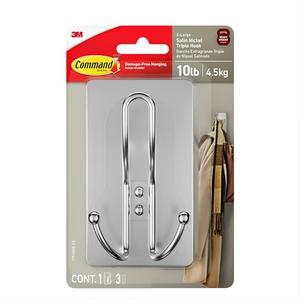 Command X-Large Satin Nickel Triple Hook, 1 Hook, 3 Strips, Damage Free Hanging Wall Hooks with Adhesive Strips, No Tools Wall Hooks for Hanging Decorations in Living Spaces