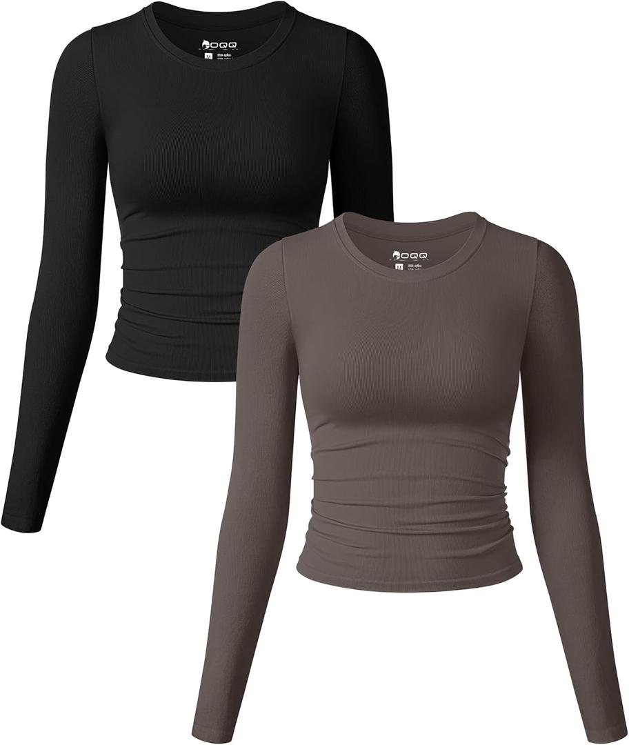 OQQ Womens 2 Piece Shirts Long Sleeve Crew Neck Ruched Stretch Basic Fitted Tee Shirts Tops Medium