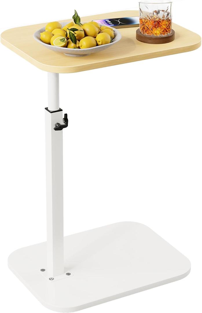 C Shaped End Table for Couch, Adjustable Height Couch Side Table, Horizontal 360Swivel Small TV Tray Table Couch Side Tables That Slide Under (Wood) (Standard)