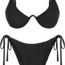 ZAFUL Women's Textured Underwire Bikini Set V Notch High Cut Swimwear Tie Side Ribbed Sexy Swimsuits (Medium, 441-black)