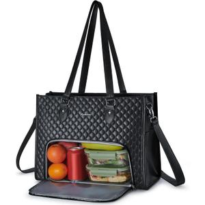 Laptop Tote Bag with Insulated Lunch Compartment for Women, PU Leather 15.6 Inch Work Bag, Elegant Computer Handbag, Versatile Business Tote for Office,Travel or Casual-Classic Black