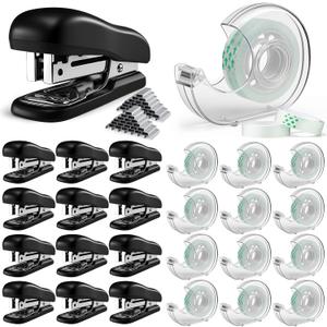 24 Pack Mini Desk Staplers Tape Dispensers Sets Black Staplers Bulk with 12 Boxes Staples Invisible Tape and Refillable Dispensers Bulk Hand Held Desk Supplies for Office Home School