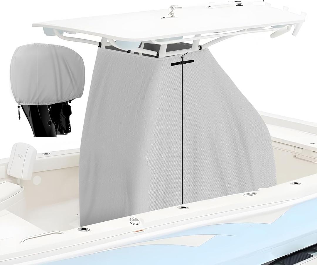 T-Top Center Console Boat Cover, Heavy Duty 600D Waterproof T Top Console Cover with Motor Cover, UV Resistant Polyester T-Top Boat Cover, Gray(69" L x 47" W x 72" H)