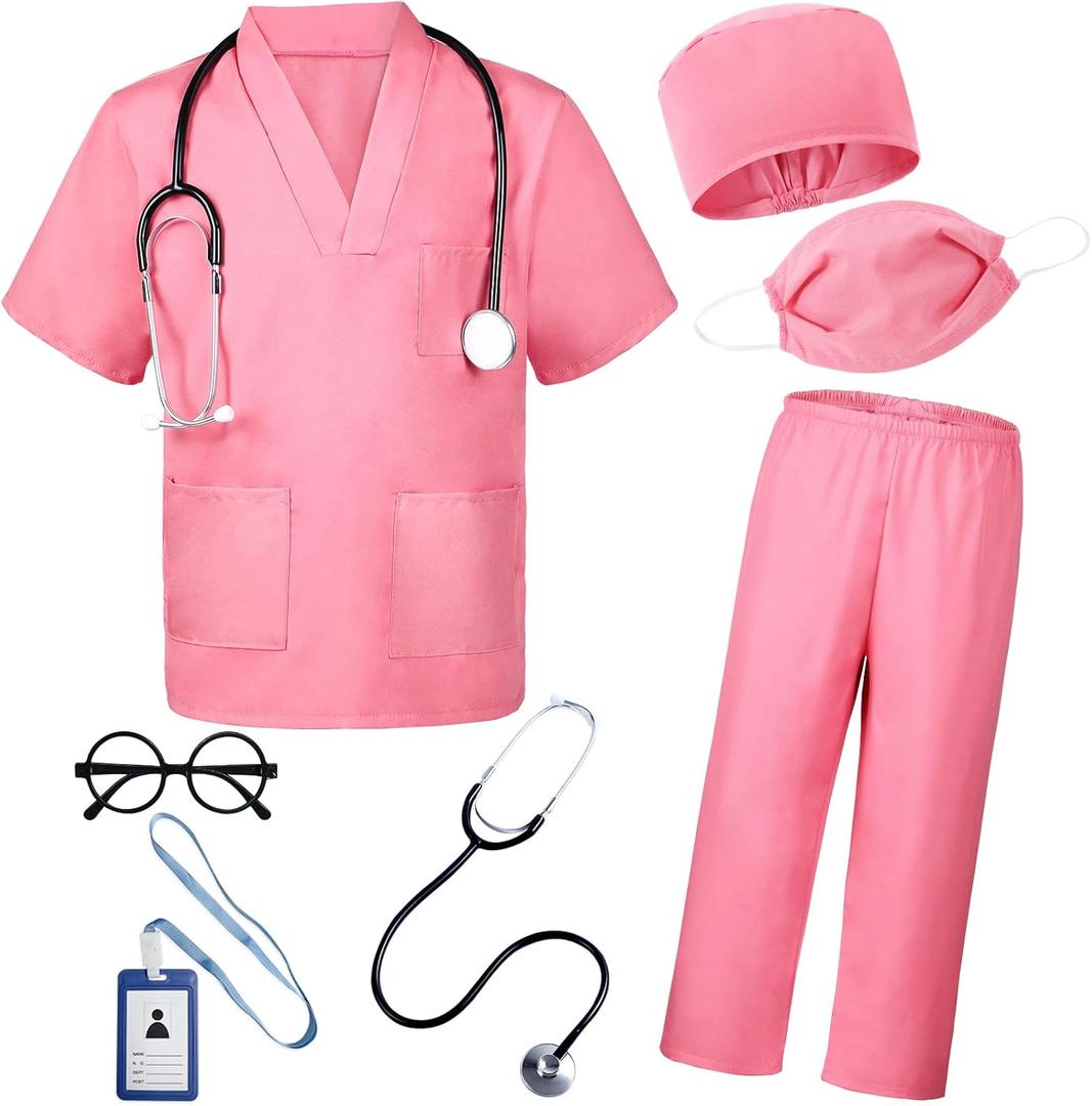 BOMLY Doctor Costume for Kids 7Pcs Toddler Nurse Scrubs Set With Halloween Dress Up Costumes for Boys and Girls (5T-6T, Pink)