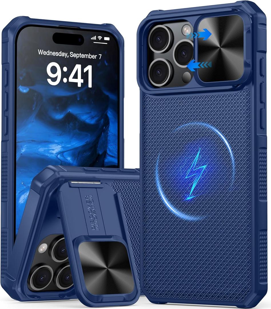 Magnetic for iPhone 16 Pro Max Case,[Compatible with Magsafe][Slide Camera Cover][Kickstand][Military Grade Protection] Shockproof Rugged Case for iPhone 16 Pro Max,Blue