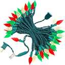 BOHON Red White and Green Christmas Lights Outdoor Faceted C6 50 LED 25ft Plug in Fairy Twinkle Warm String Lights Waterproof Extendable Green Wire for Indoor Patio Xmas Thanksgiving Tree Decoration
