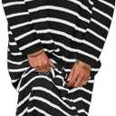 Saodimallsu Womens Striped Sweater Dress Fall Chunky Knit V Neck Collared Long Sleeve Sexy Slit Loose Midi Dresses (Black)