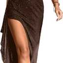 Parthea Women's Elegant One Shoulder Long Formal Sparkly Dresses Sequin High Split Evening Wedding Guest Party Maxi Dress (8-10, Brown)