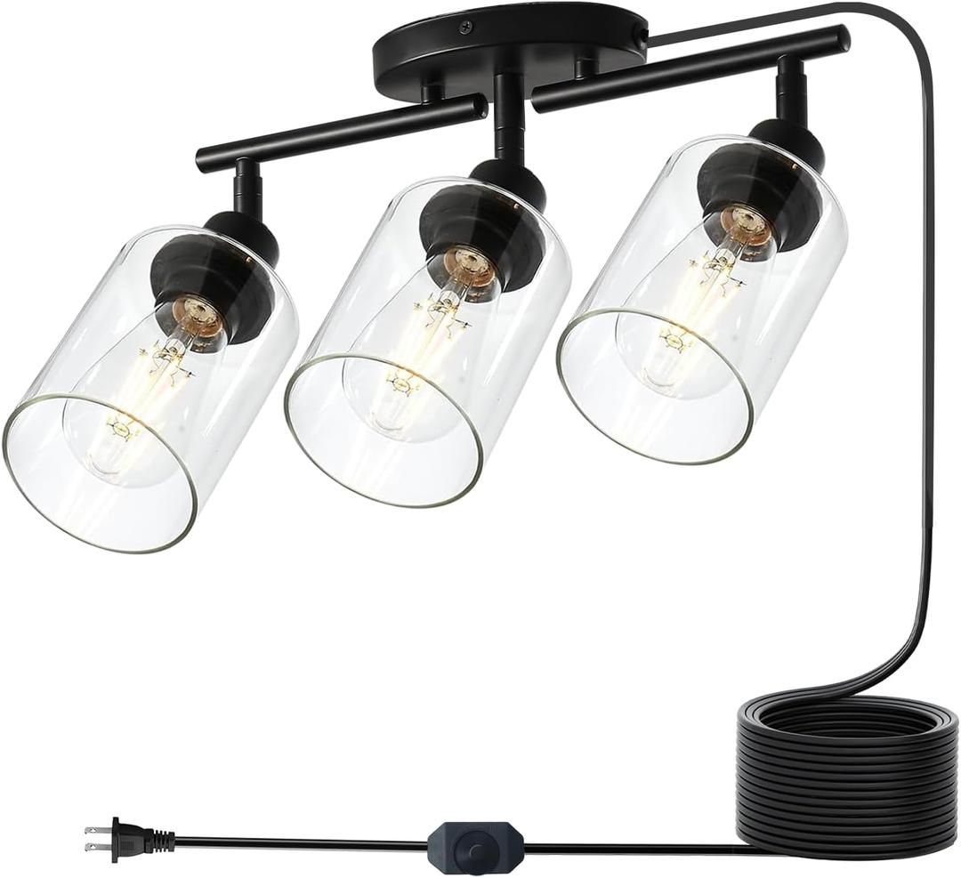 Modern Dimmable 3 Light Plug in Ceiling Light ,Black Plug in Track Lighting Kit with 16.5' extra-long cord with switch,Clear Glass Shade,Flexibly Rotatable Light Head,Modern Industrial Farmhouse Style