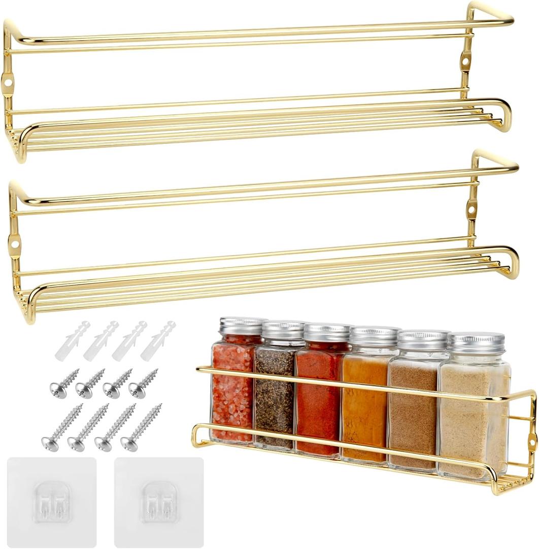 2 Pack Self Adhesive Wall Mounted Fridge Refrigerator Spice Racks,Metal Kitchen Seasoning Jar Organizer for Space Saver,Hanging Spice Organizer Shelf for Kitchen Cabinet,Wall,Pantry Door.Gold