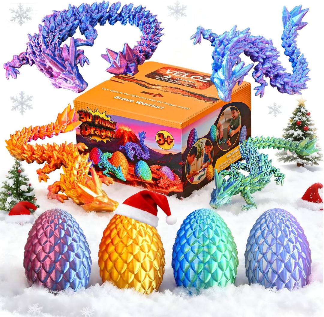 3D Printed Dragon Egg, Christmas Stocking Stuffers for Kids, Cool 3D Printer Articulated Crystal Dragon Toys for Ages 8-13 Boys Girls, 4PCS Animals Fidget Toy Dinosaur Eggs for Boys Kids Teen