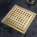 4 Inch Square Shower Floor Drain, Stainless Steel Black Shower Drain Kit with Flange, Floor Drain with Removable Grid Cover,Brushed Gold