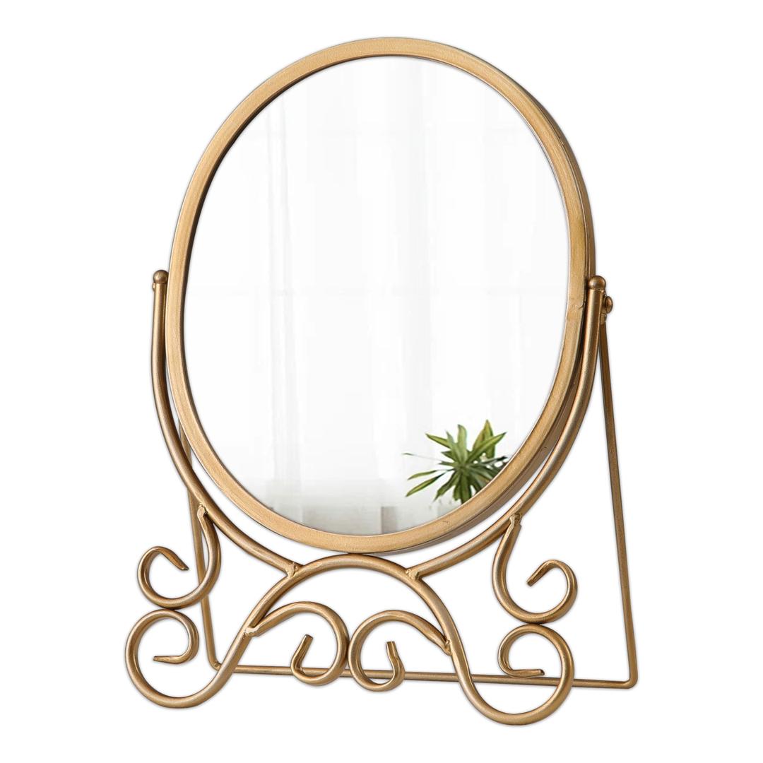 Vintage Gold Standing Mirror 10 X 15 Inch, Metal Framed Oval Table Mirror, Antique Makeup Mirror with Stand for Desk, Vanity Mirrors Tabletop for Living Room Bathroom Bedroom Shelf
