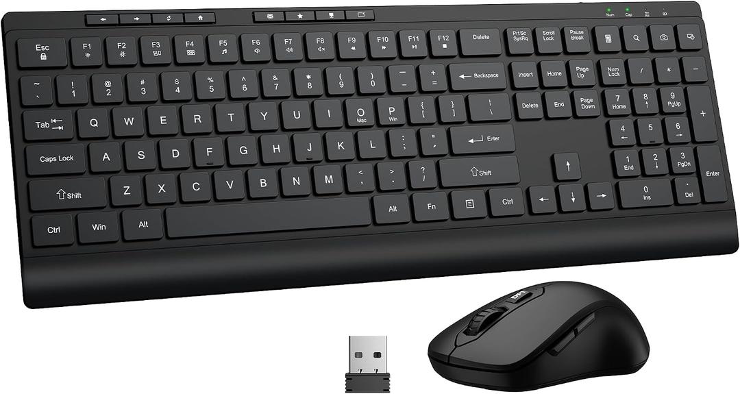 Wireless Keyboard and Mouse Combo, Full Size Quiet Key Computer Keyboard and Cordless Mice with 3 DPI Adjustable, 2.4G Lag-Free, Long Battery Life, Compatible with Windows and Mac Systems, Black