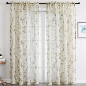 SMILE WEAVER Nature Yellow Sheer Curtains 63 inch Length for Living Room,Light Filtering Curtain 2 Panels,Voile Linen Textured Semi Sheer Floral Curtains for Bedroom/Kitchen Window Drapes