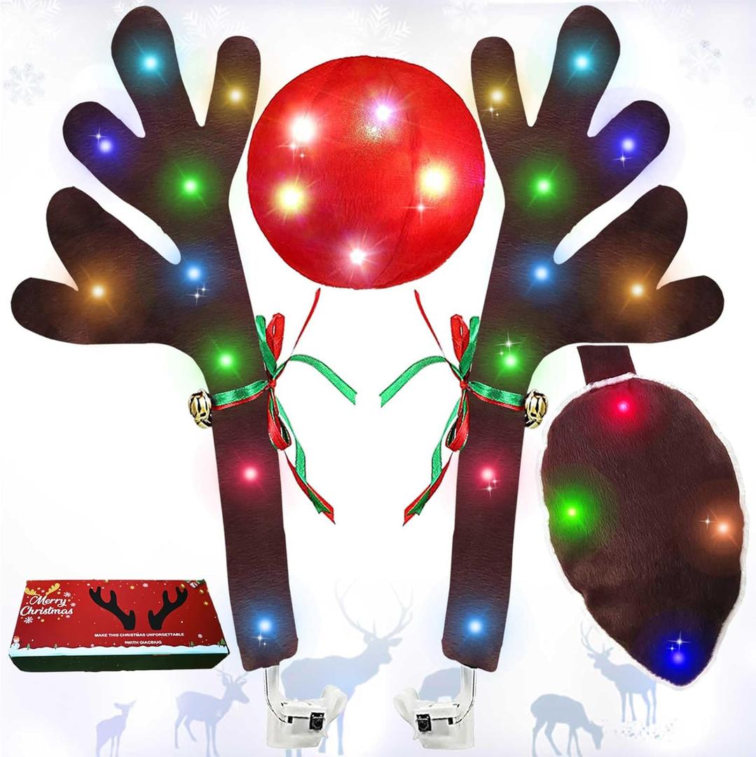 Reindeer Antlers for Cars, LED 2025 Christmas Car Decorations Kit with Jingle Bells, Nose, Tail, Multicolor Light-Up Rudolph Xmas Decor for SUV, Van, Truck