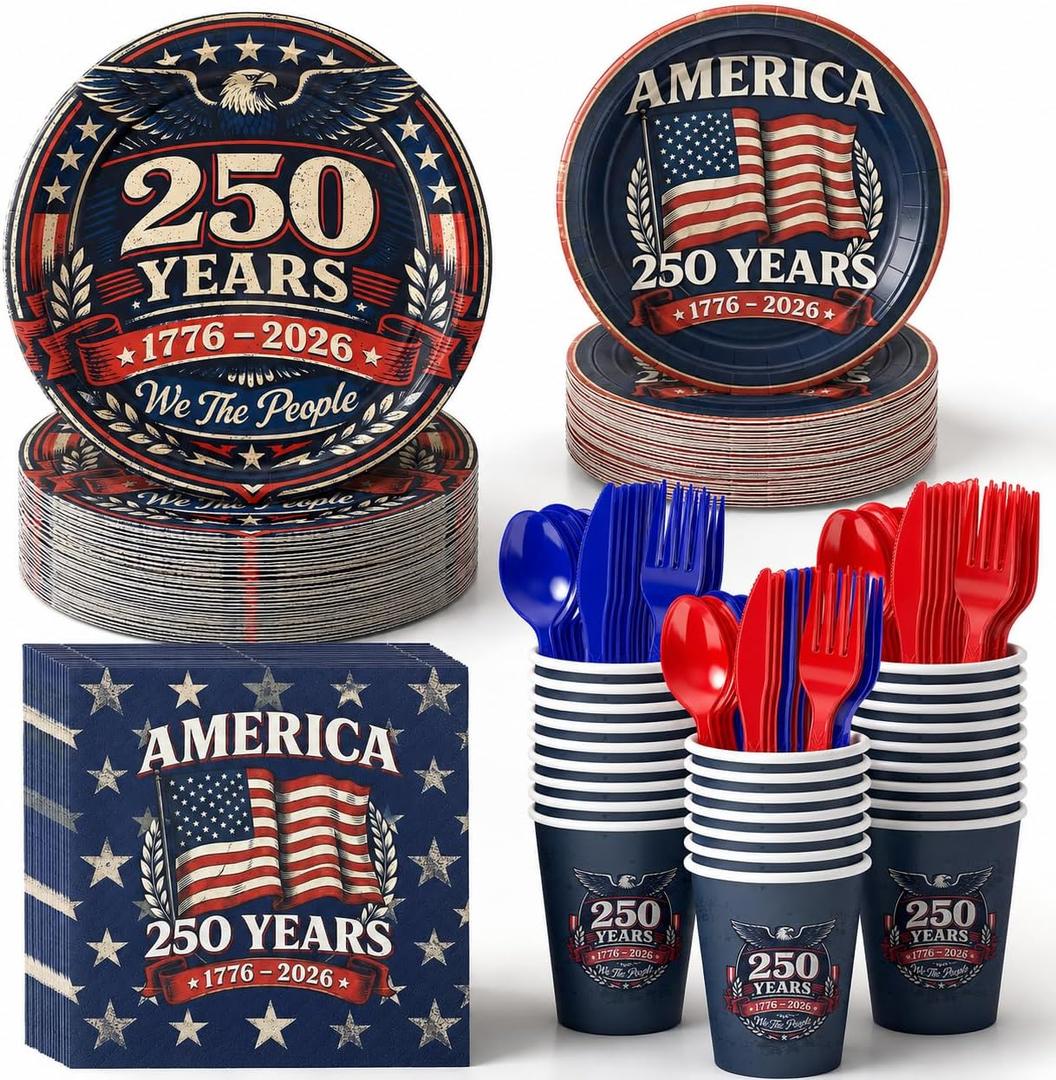 125 Pcs 250th Anniversary Patriotic Party Kit 4th of July Party Supplies Plates Paper Cups Cutlery Napkins for 4th of July Decorations Memorial Day Party Supplies