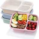buluker 4 Pack Bento Lunch Box Set 3 Compartment Food Storage Containers Wheat Straw Meal Prep Lunch Box Plastic Food Storage Containers, Microwave and Dishwasher Safe (Light Colour)