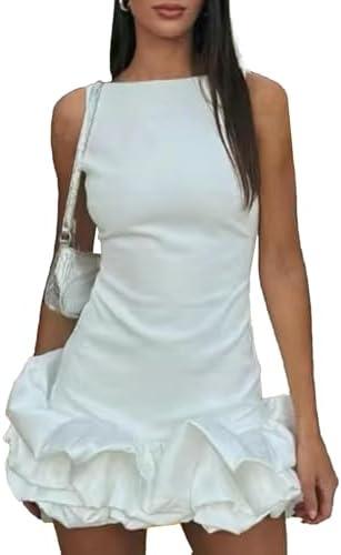 Unybwonn Women Ruffle Bubble Mini Dress Sleeveless Ruched Hem Bodycon Dresses a Line Mock Neck Tank Short Dress Large,White 
