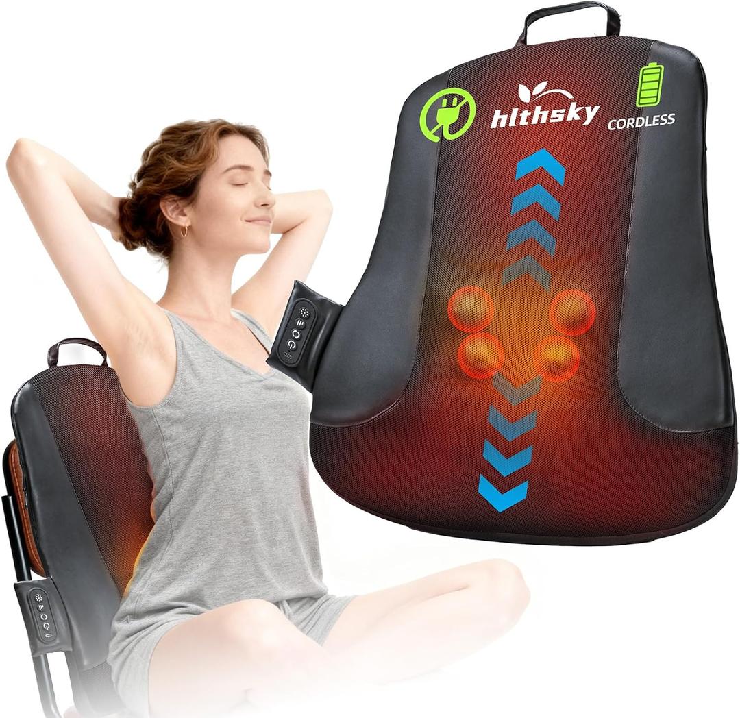 Ultrathin Back Massager for Pain Relief Deep Tissue with 4D Kneading, Heating & Red Light Therapy, Cordless Back Massager with Heat for Shoulders, Gift for Home Office Car Use for Men Women