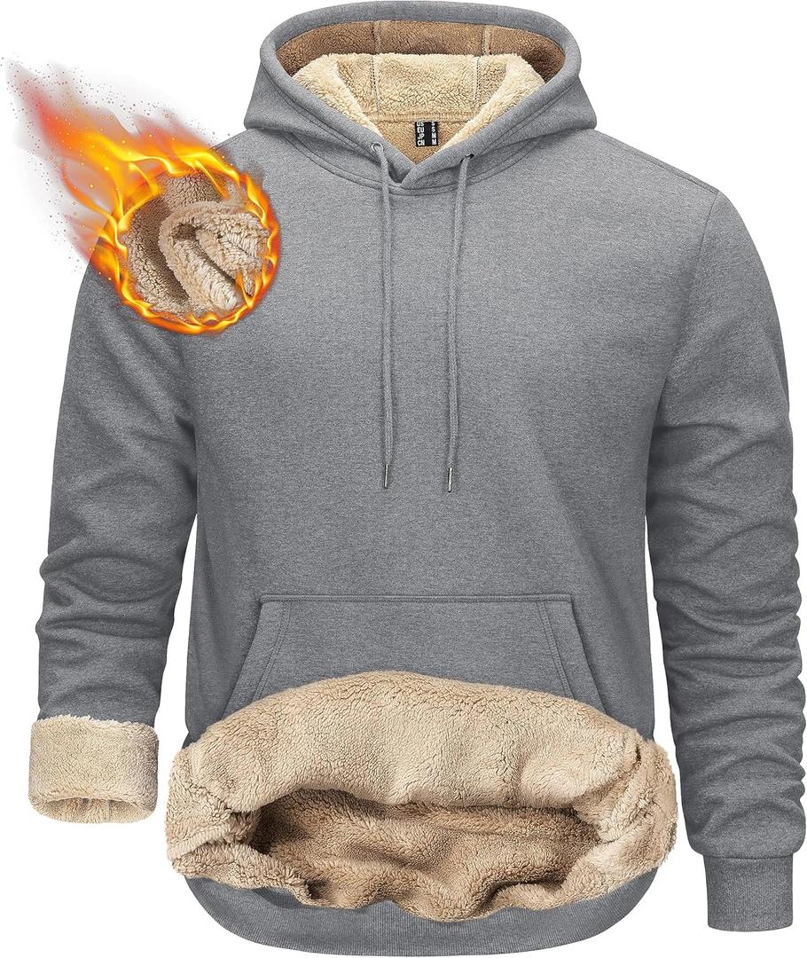 TACVASEN Men's Pullover Hoodie Thick Sherpa Lined Kangaroo Pocket Winter Windproof Warm Fleece Hoodie Athletic Sweatshirts (Medium, Light Gray)