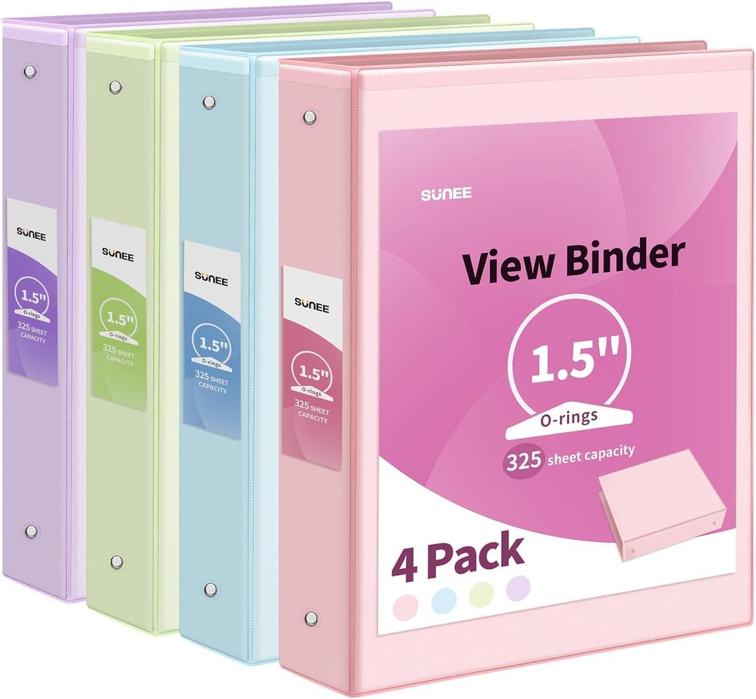 SUNEE 1.5 Inch Binders 3 Ring 4 Pack, Clear View 1 1/2 Inch Binders Three Ring PVC-Free (Fit 8.5x11 Inches) for School or Office Supplies, Assorted Pastel