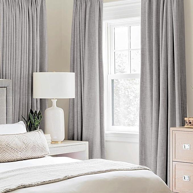 MIULEE Linen Texture Curtains for Bedroom Solid 100% Blackout Thermal Insulated Dusty Blue Curtains Grommet Room Darkening Drapes Luxury Decor for Living Room Nursery 52x96 Inch (2 Panels) (greyish white)