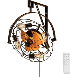 Wall Mount Fan with Remote & 4 E26 Bulb Sockets - 6-Speed Ultra-Quiet (35dB) 360 Manual-Adjustable Fan, Plug-in Ceiling/Wall Dual Mount for Bedroom/Garage/Workshop