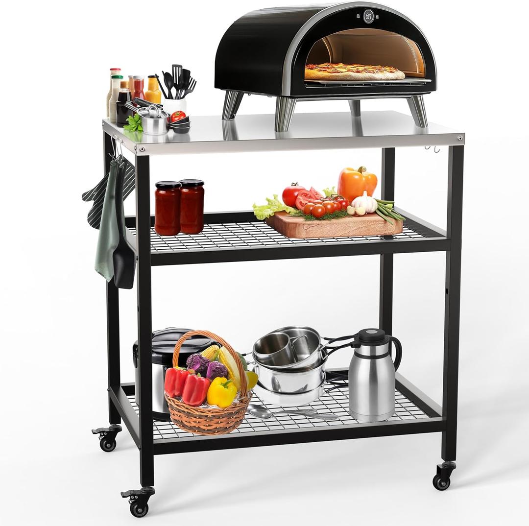 Outdoor Pizza Oven Stand Grill Cart Table Pizza Oven Trolley Stand Stainless Steel Table on Wheels 80x60x90cm