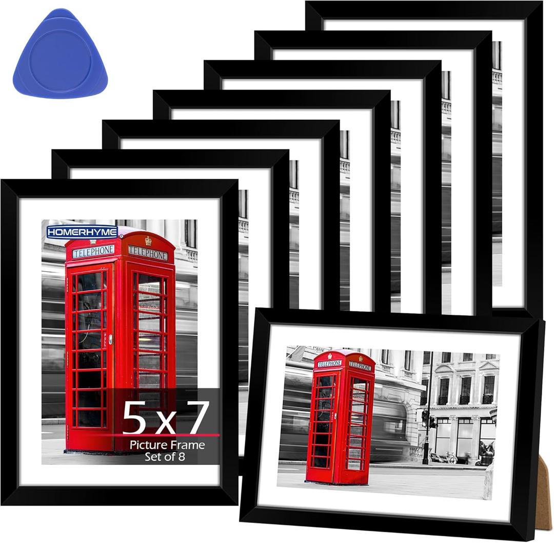 5x7 Picture Frame Set of 8, Black Photo Frames for Gallery Wall Mounting or Table Display, Display Pictures 4x6 with Mat or 5x7 Without, Poster Frames with Plexiglass for Home Office Decor