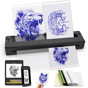 Wireless Tattoo Stencil Printer, Portable Bluetooth Thermal Tattoo Printer with App Custom-Size A4, Print Realistic Portraits, 10 Transfer Papers, Works for Phone/Tablet/PC (Black)