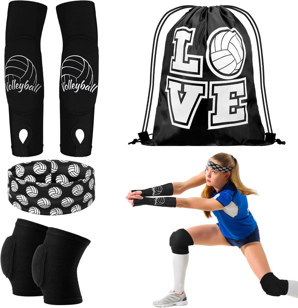 Yinder 4 Pcs Volleyball Knee Pad and Arm Sleeve Volleyball Accessories Stuff Forearm Elbow Sleeve Wrist Guard with Protection Pad and Thumb Hole for Women Men Adult (Large, Black)