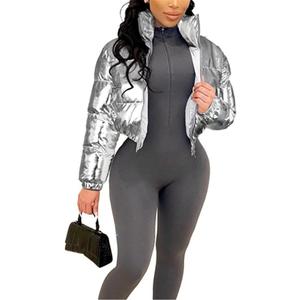 Halfword Women's Shiny Cropped Puffer Jacket Long Sleeve Solid Color Stand Neck Winter Down Coat, Silvery, M