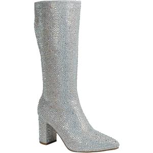 ABSOLEX Women Pointed Toe Rhinestone Block Medium Heel Knee High Boots (9, Silver)