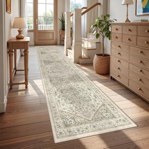 Runner Rug 2x10, Ultra-Thin Kitchen Rugs Non Slip Washable Rugs for Entryway Rug, Kitchen Runner Low Pile Vintage Soft Carpets for Living Room, Bathroom Bedroom (Brown/Beige,2'x10')