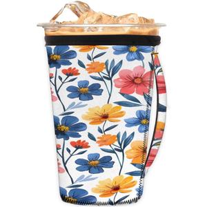 2 x Reusable Iced Coffee Cup Sleeve Colorful Flowers Neoprene Insulated Sleeves Cup Holder with handle Idea for 16oz - 18oz