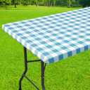 Smiry Rectangle Picnic Table Cloth, Elastic Waterproof Fitted Vinyl Tablecloths, Flannel Backed Buffalo Plaid Table Covers for Dining, Camping, Outdoor (White and Aqua, 30" x 72")