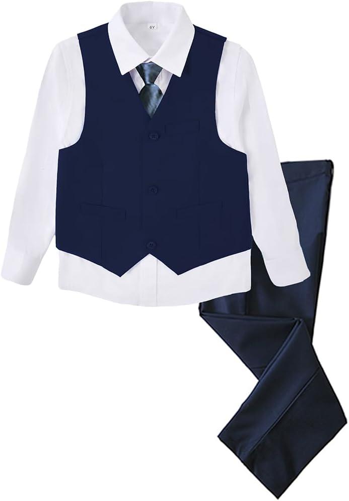 Boys 4 Pieces Suits Slim Fit Kids Outfits Vest Pants Sets Black Blue Formal Dresswear for Boy (Navy Blue(tie)) 4T Boys 4 Pieces Suits Slim Fit Kids Outfits Vest Pants Sets Black Blue Formal Dresswear for Boy (Navy Blue(tie)) 4T