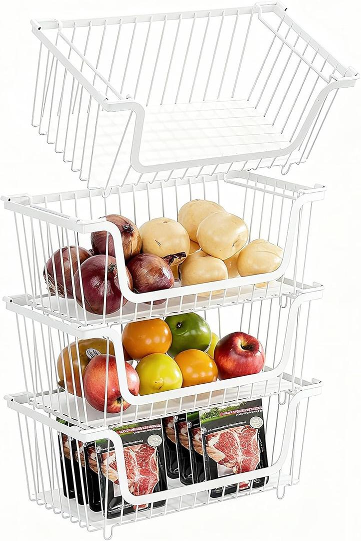 GAOKASE 4 Pcs Stackable Wire Baskets for Pantry Organizers and Storage,Vegetable Fruit Basket for Countertop,Kitchen Storage Metal Baskets,Produce Potato Onion Storage Bin,White